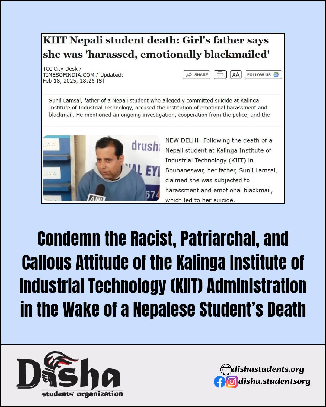 Condemn the Racist, Patriarchal, and Callous Attitude of the Kalinga Institute of Industrial Technology (KIIT) Administration in the Wake of a Nepalese Student’s Death